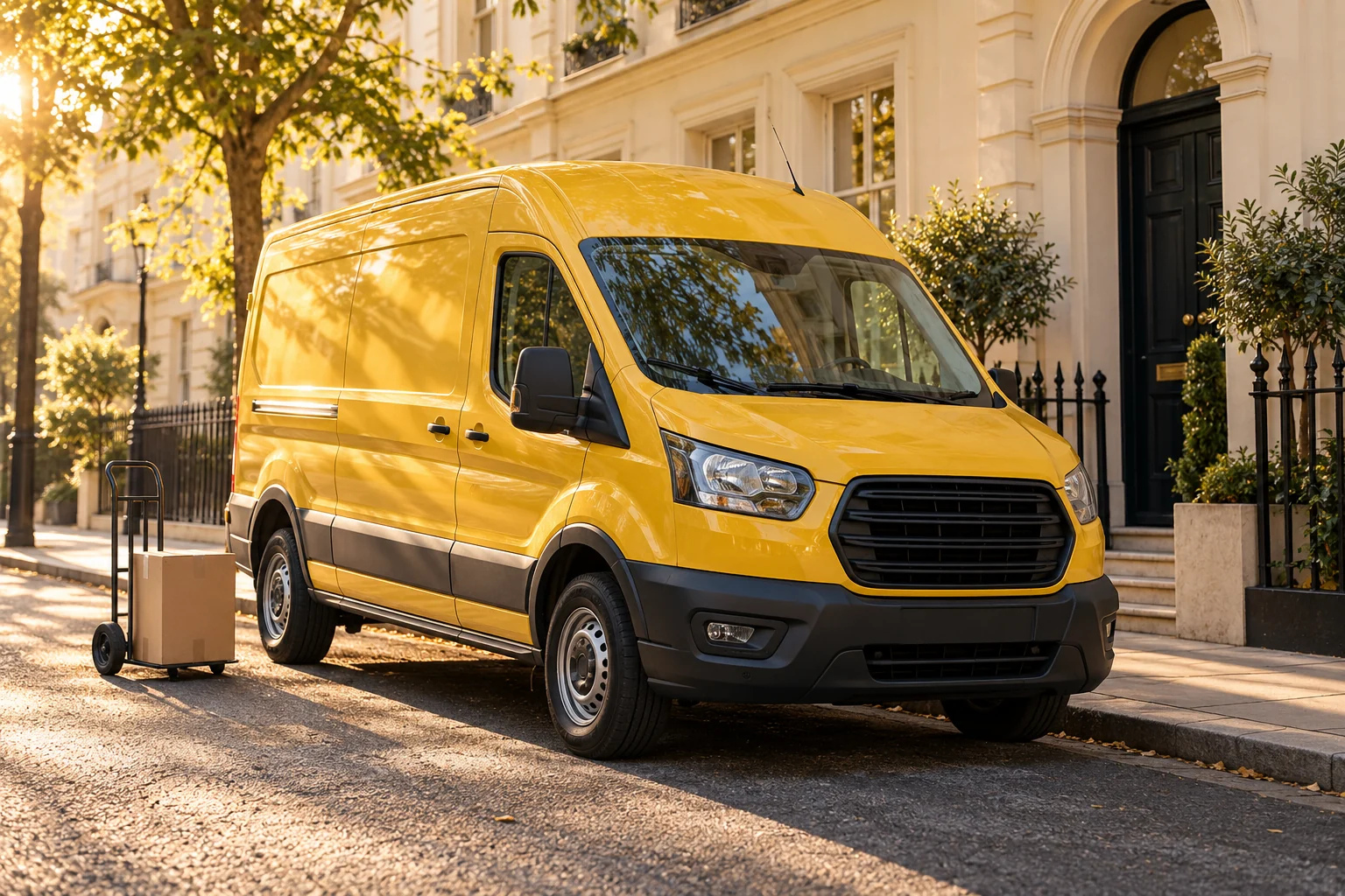 Illustrative yellow courier van on a sunlit residential street beside a hand truck and parcel